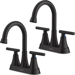 Bathroom Faucets for Sink 3 Hole, Hurran 4 inch Matte Black Bathroom Sink Faucet with Pop-up Drain and 2 Supply Hoses, Stainless Steel Lead-Free Centerset Faucet for Vanity RV, 2 Pack