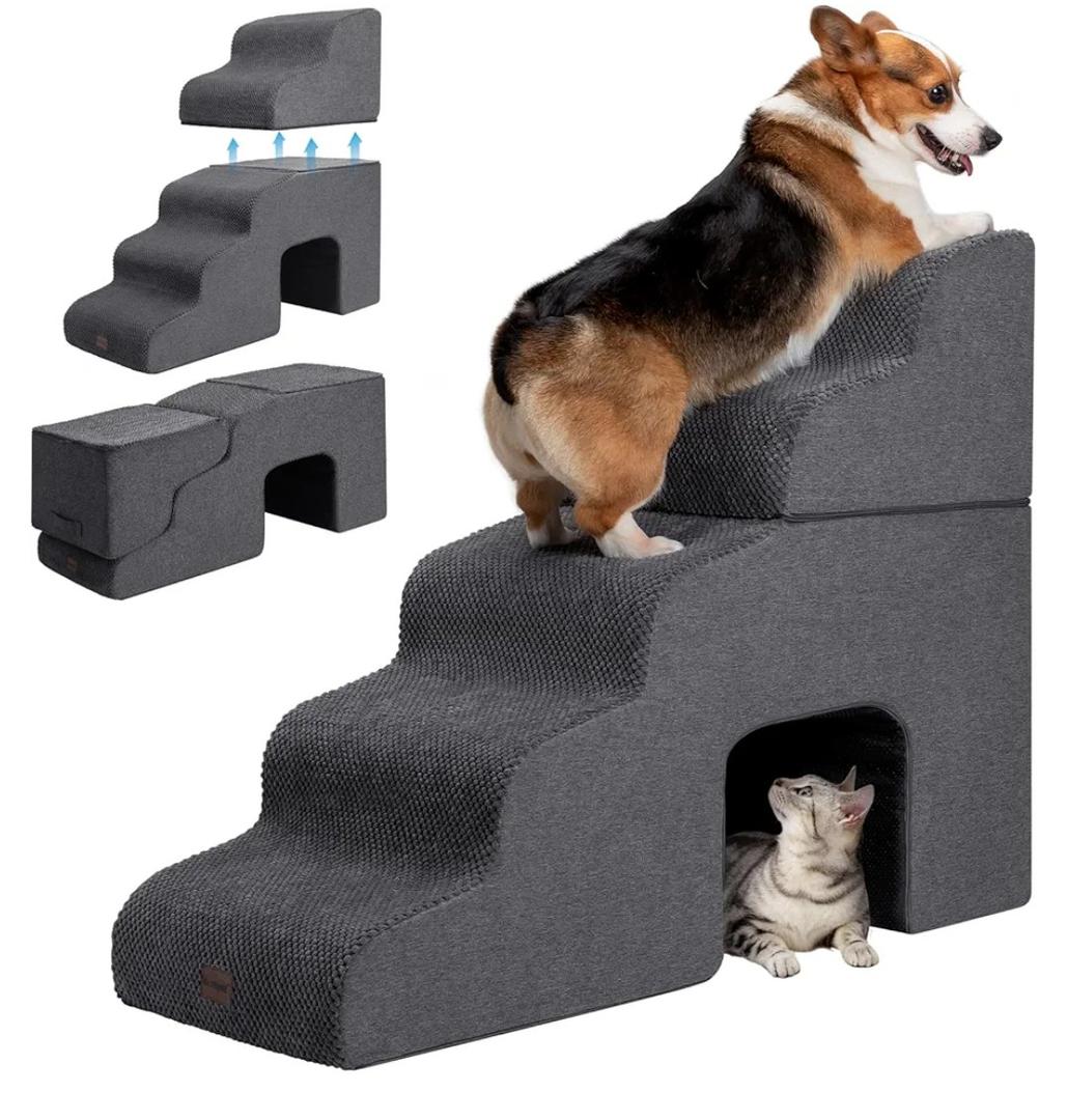 Garnpet Dog Stairs for High Beds with Tunnel, 5Step Dog Steps for Small Dogs and Cats, Foldable Pet Stairs for High Bed Climbing, NonSlip Balanced Pet Step Indoor, Dark Grey