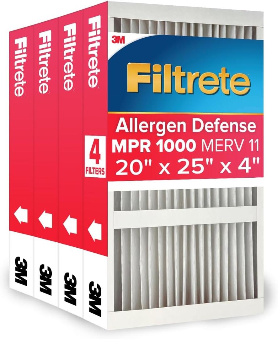  Filtrete 20x25x4 Air Filter MERV 11, MPR 1000 Micro Allergen Defense 4-Pack, Fits Honeywell & AprilAire, AC Furnace HVAC Filters for Home, Pleated Electrostatic (Actual Size 19.88 x 24.63 x 4.31 in)