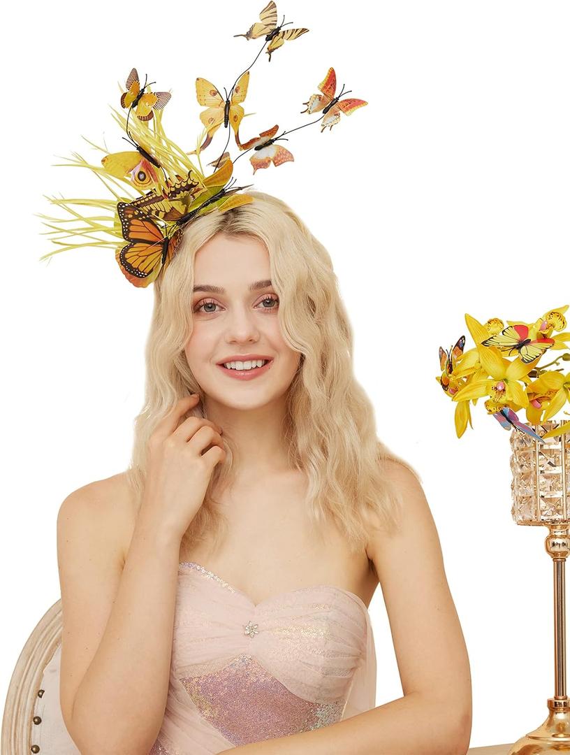 Gionforsy Butterfly Fascinator Headband Monarch Butterfly Headband Crown Tea Party Halloween Costume Headpiece (Yellow)
