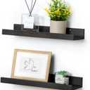 Picture Ledge Shelf for Wall, 16 inch Solid Pine Wood Nursery Book Shelves 2 Packs, Floating Ledge Shelves for Kids' Room Bedroom Bathroom Living Room Photo Frames Office Nursey Wall Decor, Black