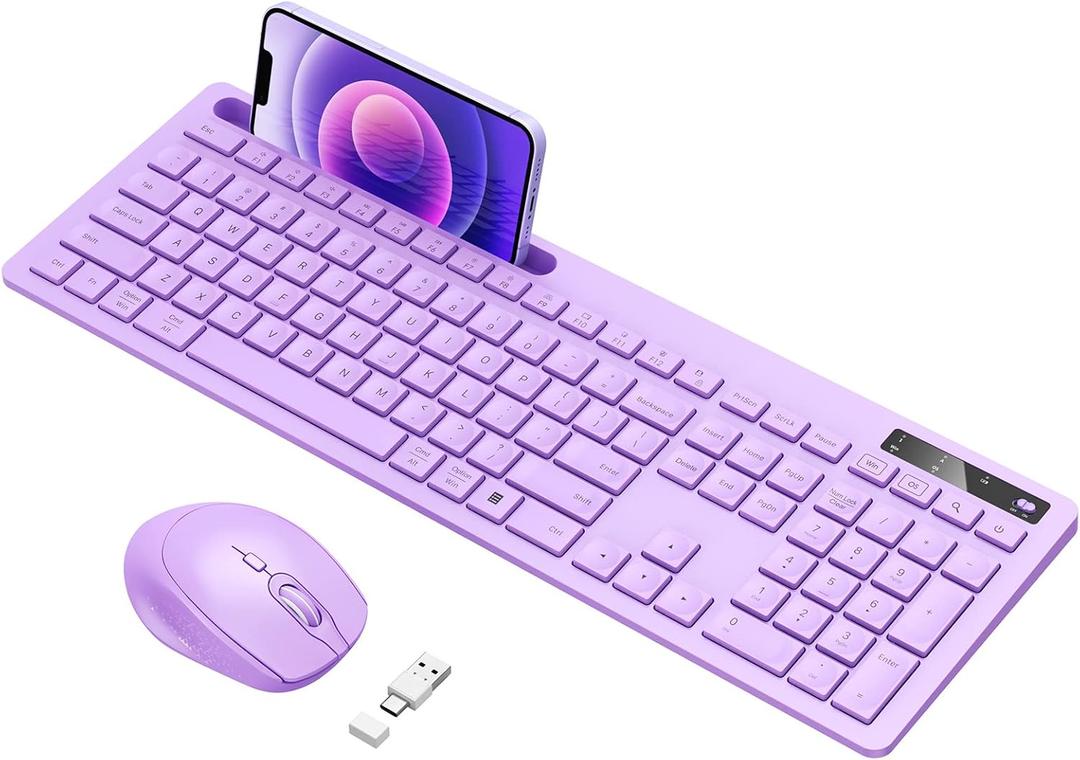 Wireless Keyboard and Mouse for MacBook, Vivefox Purple Wireless Keyboard with Phone Holder, USB A & Type C Receiver, Full-Size Combo for Mac, MacBook/Air/Pro Windows PC Computer