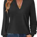 GKBK Womens Long Sleeve Shirts Fall Tops V Neck Business Dressy Casual Blouses with Smocked Cuffs (Black, XL)