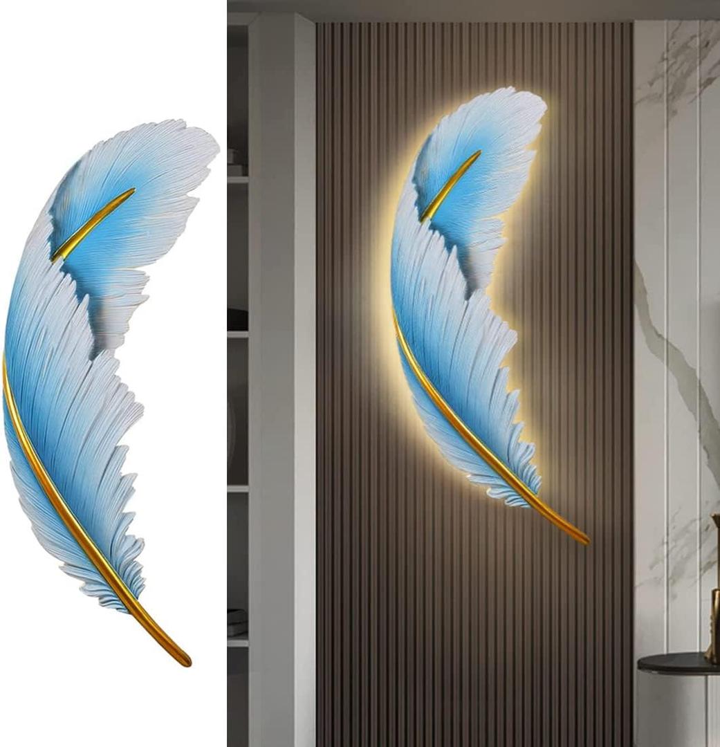 LED Wall Lamp Dimmable Wall Sconce Lights Fixtures Blue Feather Lamp 3000K-6000K Modern Elegant Wall Mount Lamps for Bedroom Living Room Dining Room Hallway (Left)