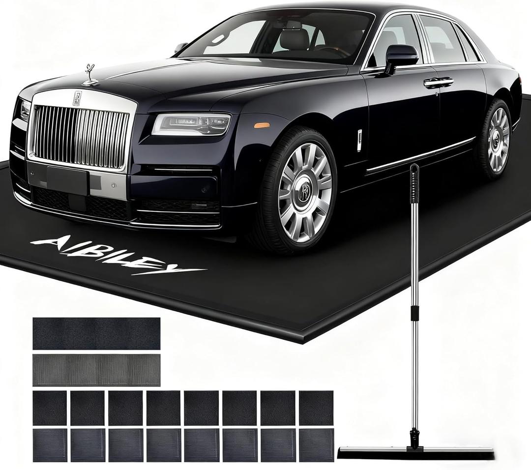 8'6"x22' Garage Floor Mats for Under Car,Non-Slip Garage Flooring Protector Parking Rugs Carpet,Heavy Duty Waterproof Rubber Containment Mat,Protect from Snow,Ice,Oil,Rain,Muds,with Squeegee,Velcro