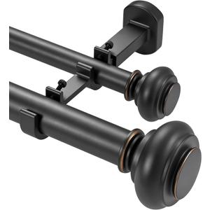 1 1/8 Inch Heavy Duty Double Curtain Rods for Windows, 36-72inch(3-6ft) Adjustable Length Telescoping Dual Drapery Rod Set with Solid Aluminum Bracket for Porch, Floor-to-ceiling Windows, Matte Black