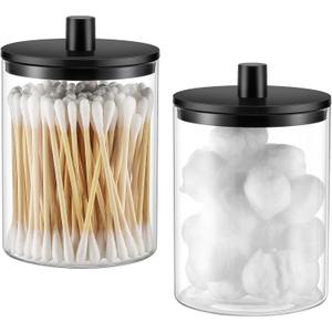 TIPGO Glass Qtip Holder Dispenser - 10 oz Clear Canister Apothecary Jar, Bathroom Vanity Storage Organizer Set for Cotton Swabs, Pads, Floss Picks, Small Containers for Makeup Storage (2 Pack, Black)