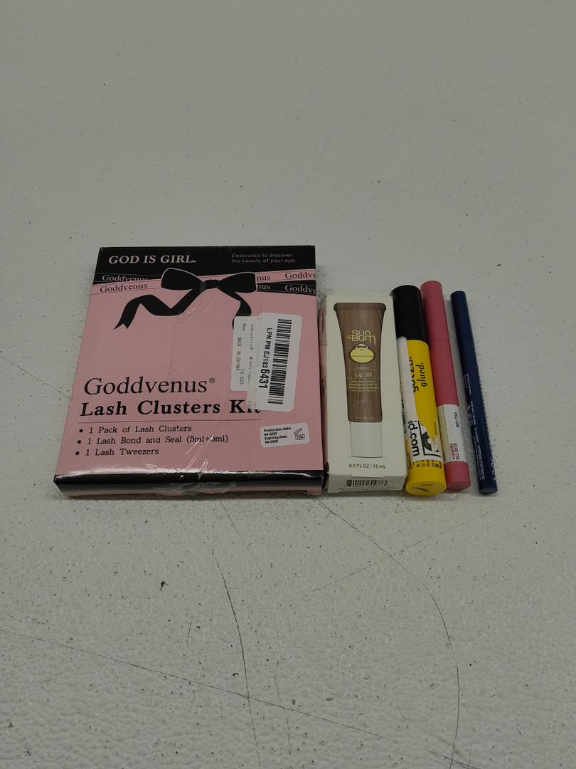 Goddvenus Lash Clusters Kit; NYX PROFESSIONAL MAKEUP Epic Ink Glitz Liner; SuperStay Ink Crayon Matte Longwear Lipstick; Got2b Glued Brows & Edges Gel; Sun Bum SPF 30 Lip Balm Sunscreen