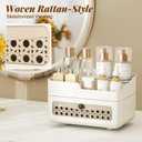 Delamu Makeup Organizer Countertop with Rattan-Style Drawer, Large Capacity Desk Organizer for Makeup, Skincare, Perfume, Multifunctional Bathroom and Vanity Organizer, Ideal for Christmas Gifts