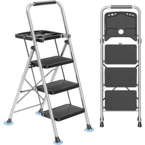 DIAMONDFORGE 3-Step Ladder Folding Step Stool with Tool Platform & Anti-Slip Wide Pedal, Heavy Duty Steel Construction, 600 lbs Capacity for Home & Office, Grey