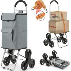Shopping Cart, Super Loading Stair Climber 220 lbs Capacity, Grocery Foldable Trolley with Extra Large Shopping Bag Laundry Utility Cart with Adjustable Bungee Cord (Gray)