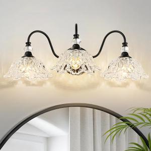 Black Bathroom Vanity Light,3-Light Vanity Light with Crystal Glass Shades,Vintage Farmhouse Vanity Lighting for Bathroom and Dressing Table