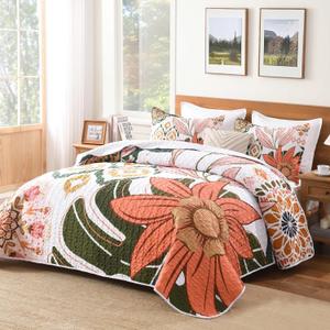 Andency Floral Boho Queen Quilt Bedding Set Pink, 3 Pieces Farmhouse Flower Botanical Summer Bedspreads with 2 Shams, Soft Reversible Lightweight Microfiber Coverlet Set for All Season, 90"x96" (Blush-white Floral)