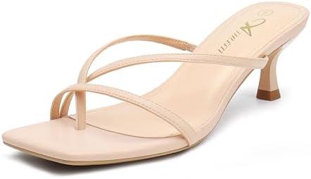 Athlefit Women's Strappy Kitten Heels Flip Flops Square Open Toe Low Heels Fashion Party Dress Thong Heeled Sandals, 6