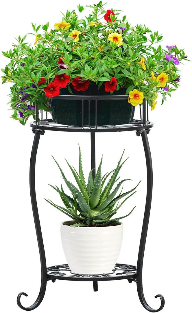 Potted Plant Stand 2 Tier Metal Flower Pot Stand Anti-Rust Heavy Duty Plant Holder Shelf for Home Indoor Outdoor