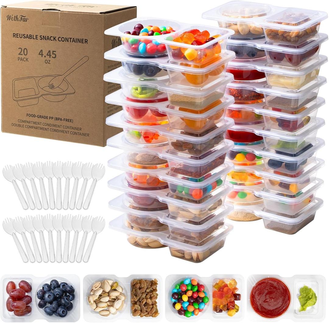 2 x 20 Sets Reusable Snack Containers with Lids & 20 Sporks  Double Compartment for Portion Control, BPA-Free Leak-Proof Dipping Containers for Meal Prep, Travel, and Outdoor Snacks (Clear)