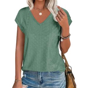 Imily Bela Womens V Neck T-Shirt Summer Cap Sleeve Dressy Casual Tops Eyelet Embroidered Fashion Tees (S)