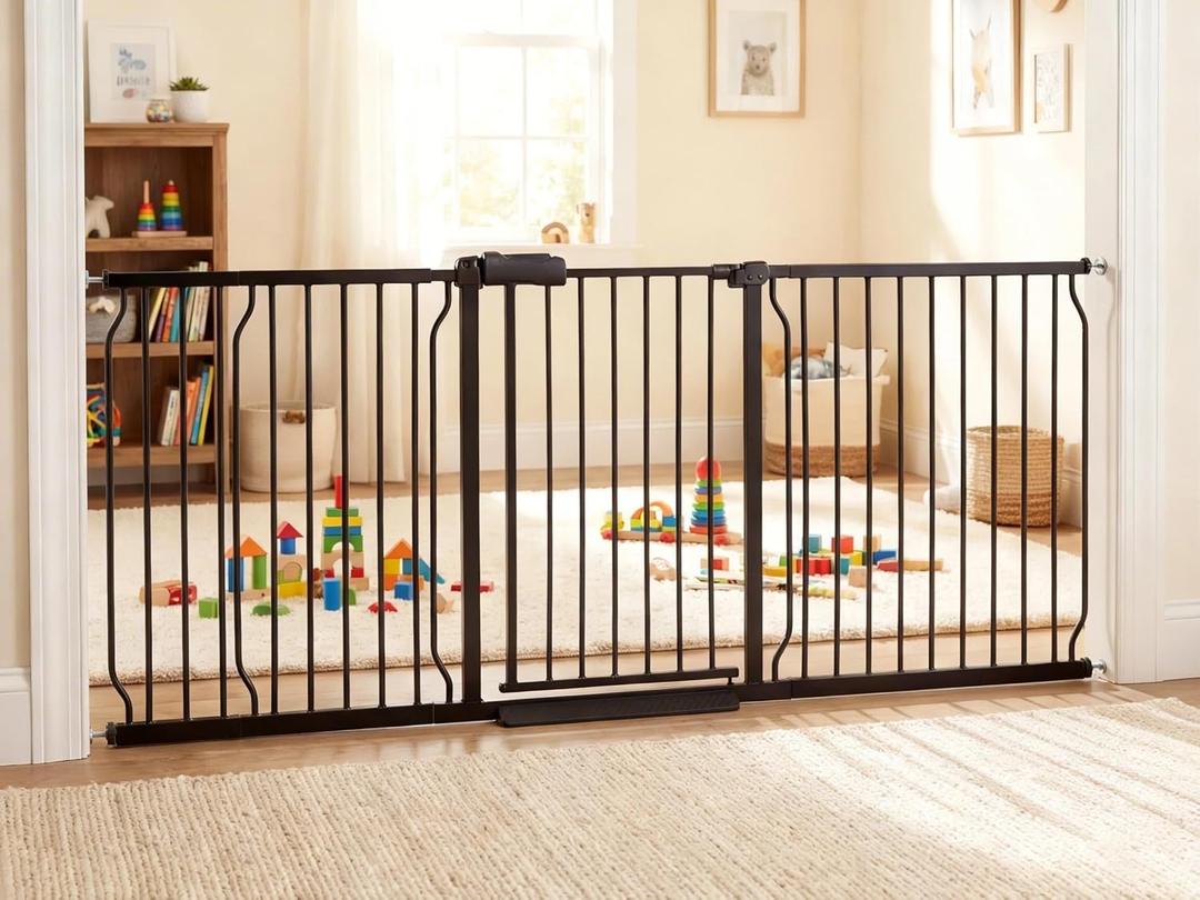 Heavy Duty Baby & Pet Safety Gate - Extra Wide 76.4-81.1 Inch, Black Metal, Pressure Mounted, Walk-Through