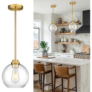 Gold Pendant Lights Kitchen Island, 8" Pendant Light Fixtures with Globe Clear Glass Shade, Modern Kitchen Island Lighting for Bathroom, AD-22280-1PL-GD
