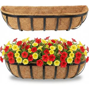 24" Railing Planter with Adjustable Brackets, Window Box with Coco Liner, Hanging Flower Metal Box for Indoor Outdoor, Balcony Deck Fence Porch Patio, Black, Set of 2