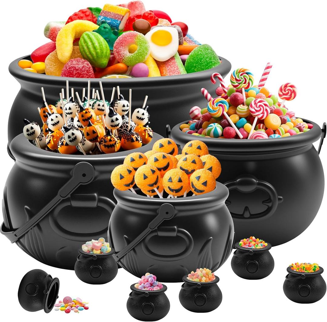 10 Pieces Set 12" 10" 8" 6" Plastic Black Cauldron Kettle with 6 Mini 2.8" Buckets, Large Witch Cauldron Pot for Halloween Decorations Trick or Treat Party Supplies, St Patrick's Day Party Favor