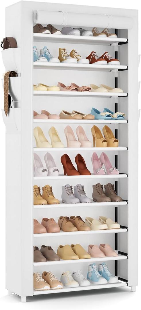 VTRIN Vertical Narrow Shoe Rack Organizer Tall Shoe Rack for Closet Entryway 10 Tier Non-Woven Cover Shoe Shelf Holds 36-41 Pairs Free Standing Shoe Storage Cabinet with Dustproof Cover, White (24.8"W x11.8"D x 68.9"H)