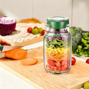 Salad Jar with Side Opening - Leakproof Salad Container & Pod, Mason Jar with Dressing Cup, Portable Lunch Container for Meal Prep, Dishwasher & Freezer Safe, for Office, Gym(Green)