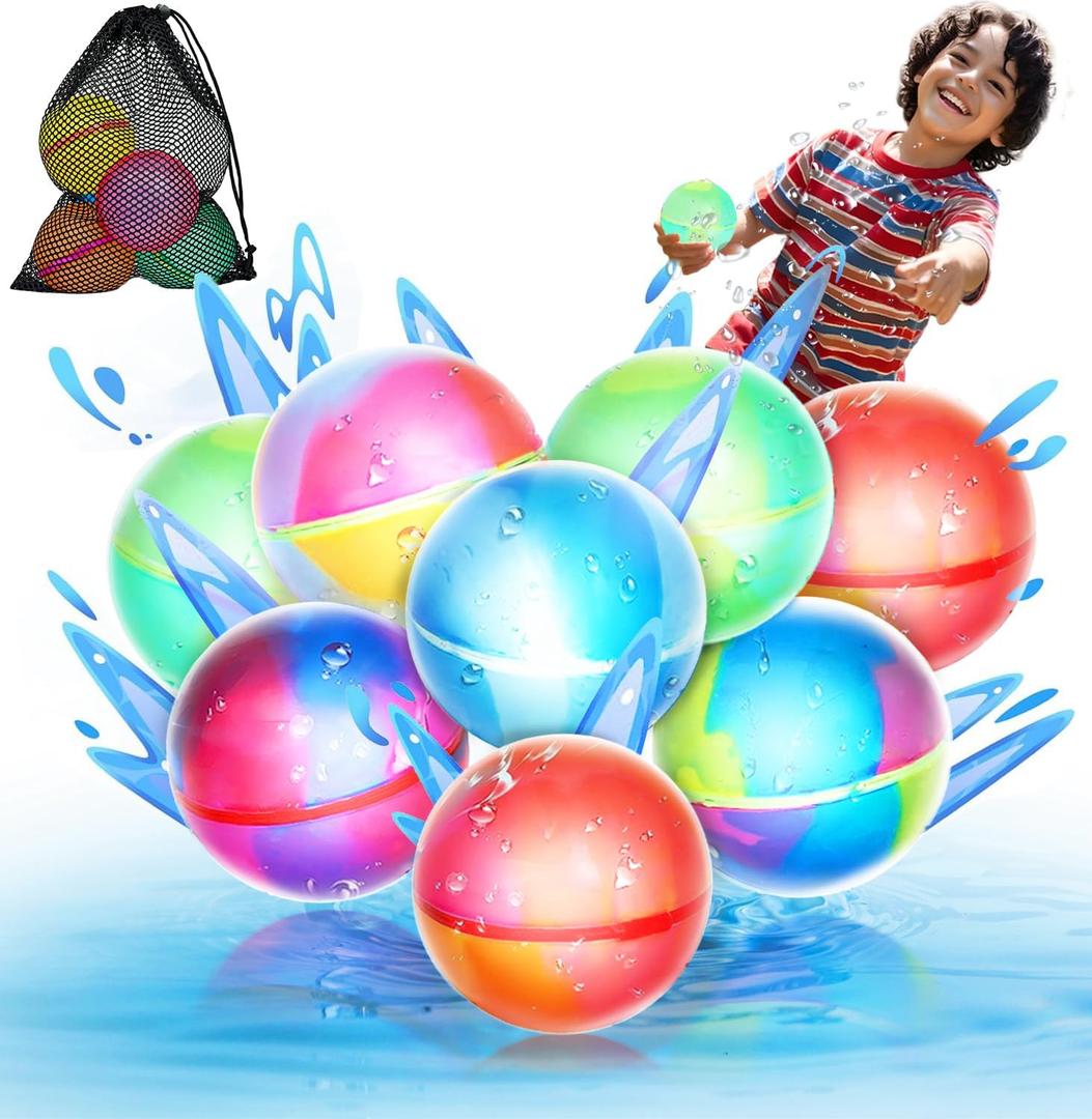 8 Pack Magnetic Reusable Water Balloons, Fast Self-Sealing for Kids Adults Latex-Free Silicone Quick Easy Auto Fill Bomb Ball, Refillable Pool Beach Outdoor Activities Games Toy Summer Fun Splash