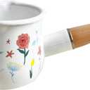 Enamel Milk Pot, Butter Warmer Non-stick Mini Saucepan, 4 Inch 17 Oz Small Cookware with Wooden Handle (Flower Pattern)
