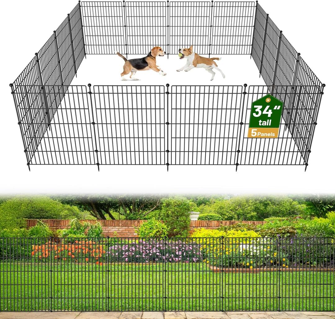 5 Panels No Dig Garden Fence Animal Barrier, 34in(H)  11.25ft(L) Decorative Metal Outdoor Dog Fence, Rustproof Pet Fencing for Yard, Patio, Flower Bed -Temporary Fencing| Easy to Install