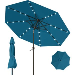 9FT Patio Umbrella with Solar Lights,Outdoor Market Umbrella with Tilt and Crank, LED Lighted Table Umbrella for Garden,Deck,Backyard,Pool,Beach (Lake Blue)