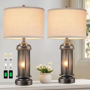 AIEAMPDO Industrial Metal Table Lamps Set of 2 Living Room Bedroom, 2 USB Ports Bedside Lamp with Glass Nightlight, Modern Desk Lamp for Entryway Office End Table, 4 Bulbs Included (Gray)