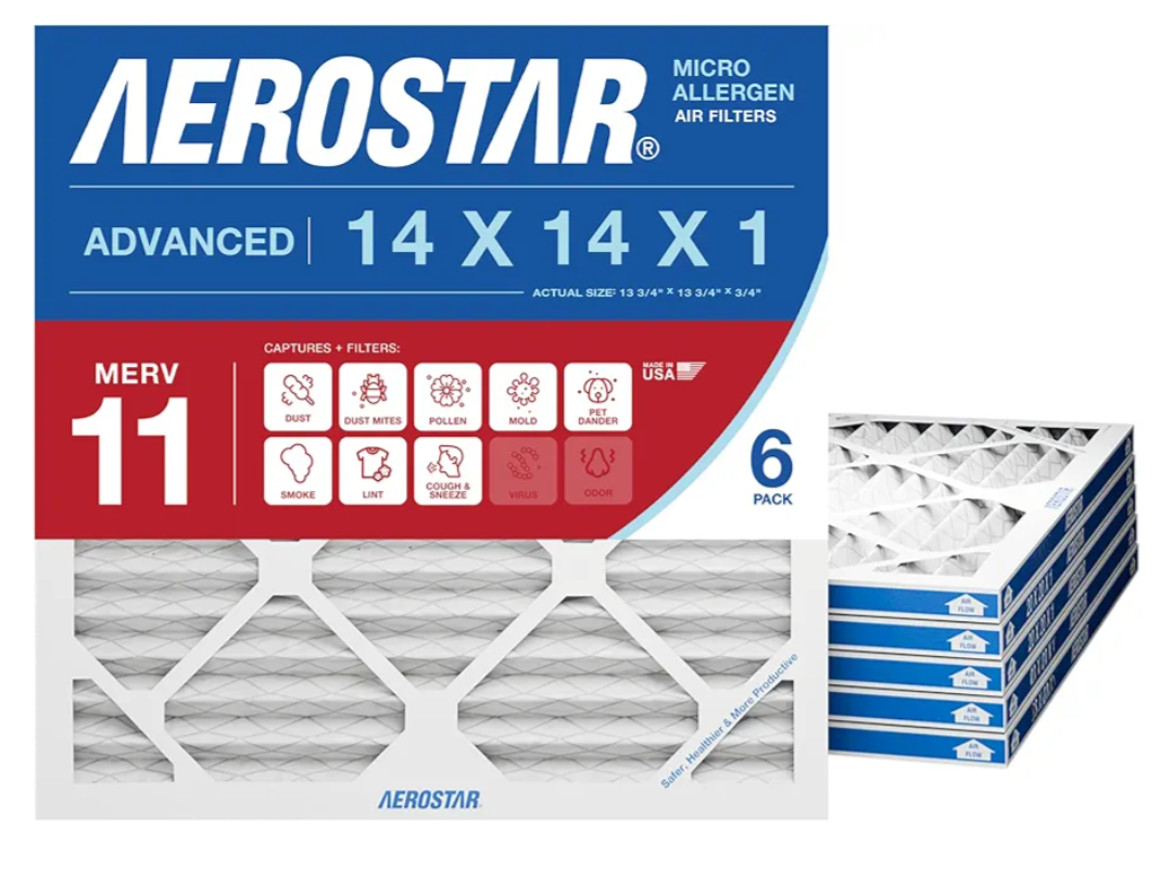 Aerostar 14x14x1 MERV 11 Air Filter, 6 Count, ACTUAL SIZE (13.75 x 13.75 x 0.75), HVAC, Air Conditioning & Furnace Filter for Dust, Pet Dander, Smoke & Allergies (MPR 1200 / FPR 7), Made in US