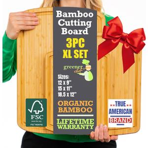 Organic Wood Cutting Boards for Kitchen for Chopping Vegetables, Carving Meat, Slicing Bread and Serving Charcuterie for Meal Time Prep, Holiday Gatherings, and Hosting Parties - Ideal for Home Chefs (Set of 3 (S, M, XL), Single-Tone)