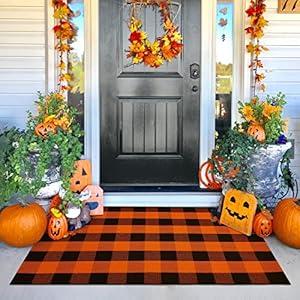 KILOCOCO Halloween Doormat 3'x5' Buffalo Plaid Rug Outdoor Rugs for Thanksgiving Washable Fall Doormat Layered Front Door Mat for Porch/ Farmhouse/ Entryway/ Patio Orange Rug Christmas Decor