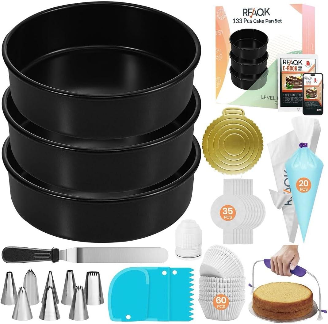 RFAQK 133PCs Round Cake Pans Sets for Baking + Cake Decorating Kit with NonStick 8 Inch Cake Pan Set of 3 -Icing Tips,Cake Leveler,Spatula, Multifunctional Cake Pan, Baking Supplies Gift & eBook
