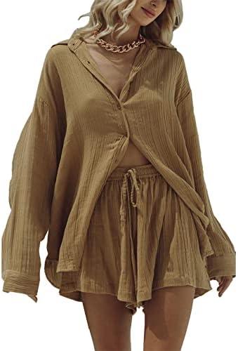 TOLENY Women Casual 2 Piece Summer Outfits Long Sleeve Shirt Top and Shorts Tracksuit Sets, XL
