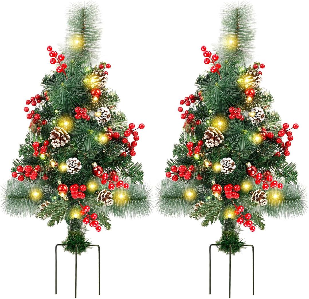 Lulu Home 2 Packs Pre-Lit Christmas Trees with Stake, 2.5FT H 60 LED Lighted Small Xmas Urn Planter Filler with Red Berries Red Balls Pine Cones Lights for Pathway Yard Garden Outdoor Decorations