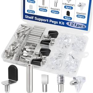 121PCS Cabinet Shelf Support Pegs Kit 5 Styles Pins for Wood Shelving Nickel Plated Shelf Holders Peg for Shelves (5mm 6.35mm) YY029-Kit