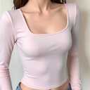 Girl's Long Sleeve Cropped T Shirts Square Neck Tee Slim Fitted Casual Basic Tops (Pink)