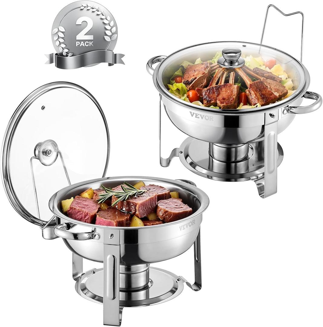 VEVOR Chafing Dish Buffet Set,5 Qt 2 Pack,Stainless Steel Chafer with 2 Full Size Pan,Round Catering Warmer Server with Glass Lid Water Pan Folding Stand Fuel Holder, for Wedding Party Banquet, Silver