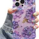 Jusy Compatible with iPhone 15 Pro, Colorful Retro Oil Painting Printed Flower Laser Glossy Pattern Cute Curly Wave Phone Case Soft TPU Cover for Girly Women -Purple