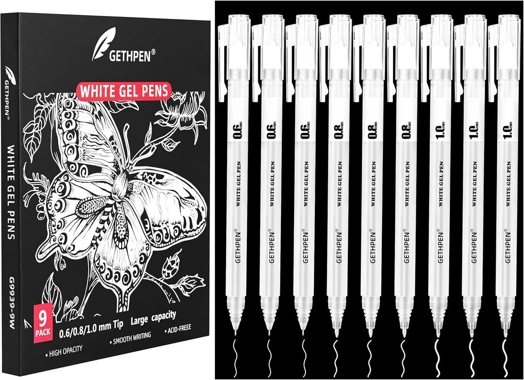 GETHPEN White Gel Pens,0.6mm 08mm 1.0mm Fine Point Opaque White Archival Ink Pen for Black Paper Drawing, Sketching, Illustration, Bullet Journaling, Pack of 9