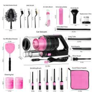 Viewsun 17pcs Car Cleaning Kit, Pink Car Interior Detailing Kit with High Power Handheld Vacuum, Detailing Brush Set, Windshield Cleaner, Cleaning Gel, Complete Auto Accessories for Women Gift