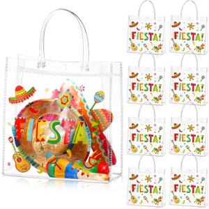 Hosuly 24 Pcs Mexican Fiesta PVC Treat Bags with Handles Reusable Fiesta Clear Plastic Gift Bags Cinco De Mayo Candy Goodie Bags Taco Bar Favor Bags Decor for Fiesta Mexico Party Supplies