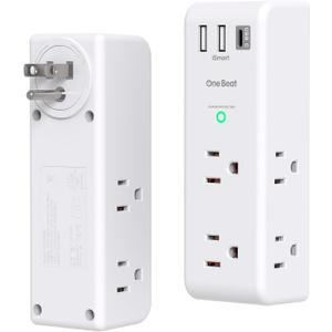 Surge Protector Outlet Extender with Rotating Plug, 6 AC Multi Plug Outlet with 3 USB Ports (1 USB C), 1800 J, 3-Sided Swivel Power Strip with Spaced Outlet Splitter for Dorm Office, White-2 Pack