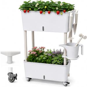 2-Tier 27.8"H Rolling Raised Garden Bed with Wheels, Self Watering Planter Box with Visible Water Level, Gray Rustproof Plastic Herb & Strawberry Planter for Indoor Outdoor Vegetables Flowers, DIY Kit