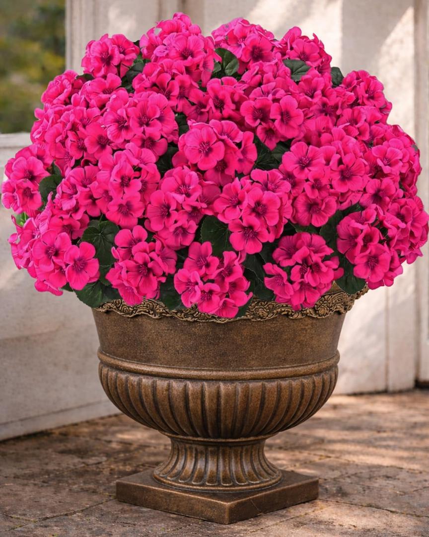 Artificial Flowers for Outdoors 6 Bundles of UV-Resistant Artificial Geraniums, Realistic Silk Flowers for Front Porch, Patio, Garden, Window Boxes & Hanging Baskets (Fuchsia, 6)