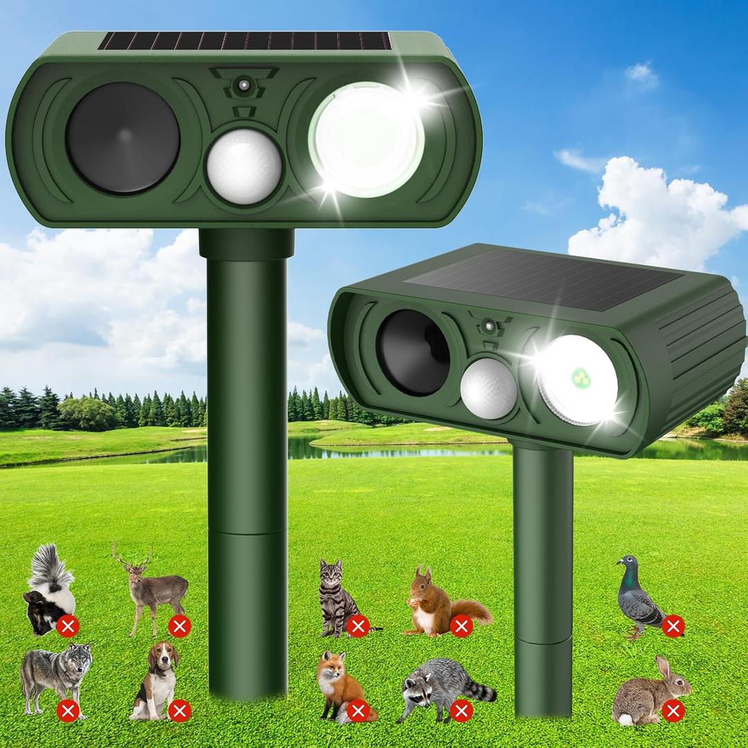 Deer Repellent Devices Outdoor for Plant, Solar Ultrasonic Animal Repellent for Yard, 2 Pack