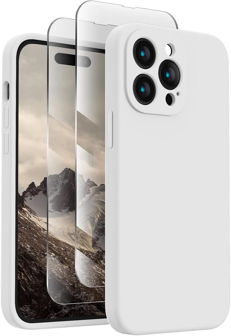 FireNova Designed for iPhone 14 Pro Max Case, Silicone Upgraded [Camera Protection] Case with [2 Screen Protectors], Soft Anti-Scratch Microfiber Lining Inside, 6.7 inch, White